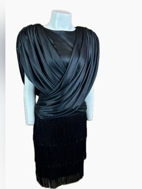 Vintage 80s black drape top drop waist Elegant black fringe dress, Flapper Style